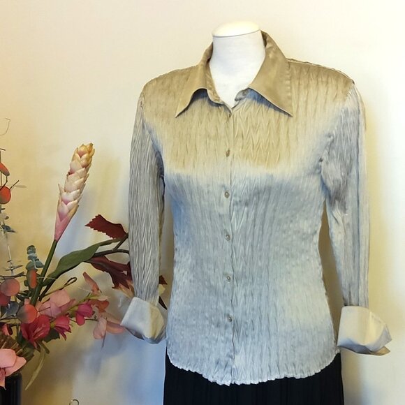 Preowned Conrad C Collection Blouse Beige Long Sleeve Pleated Shirt Women’s Top - Picture 4 of 7